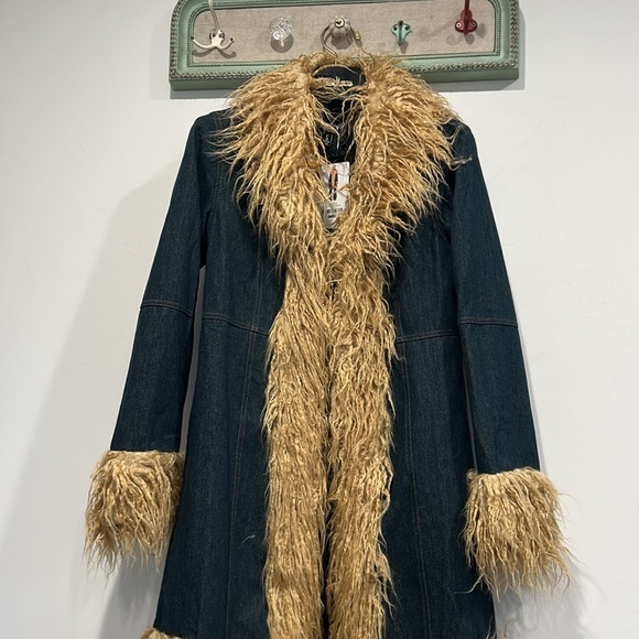 Current Mood Penny Lane Tan Faux Fur Trim Bohemian Denim Coat small new w tags - Picture 2 of 6